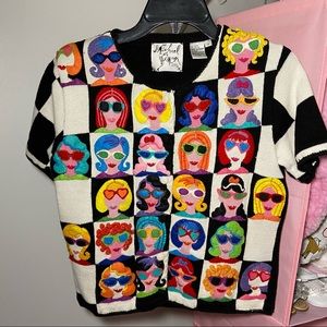 Michael Simon Sweater Colorful Abstract Woman Face Sunglasses Colorful Sz Small